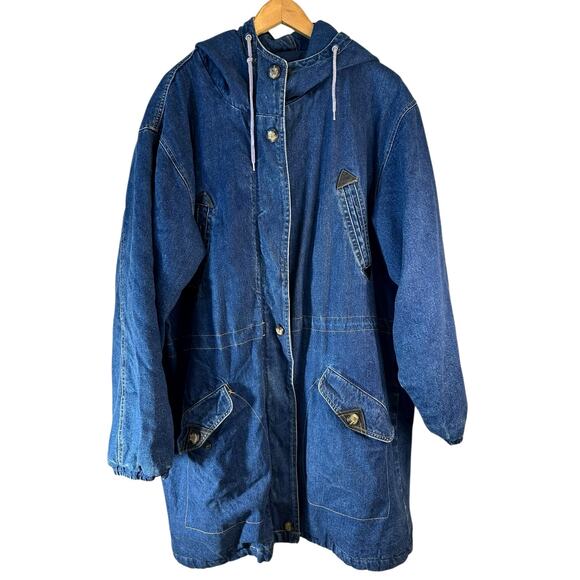 Vintage 80s Andy Johns Longline Denim Hooded Coat Jacket Utility Pockets Blue - Picture 1 of 15